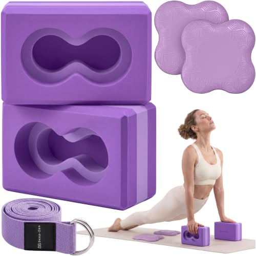 Deep-Zen Yoga Blocks Wrist Support; Yoga Blocks 2 Pack with Knee Pads and Strap to Put Less Weight on Wrists; Durable, Versatile Yoga Brick Exercise Block Set, Blocks Yoga