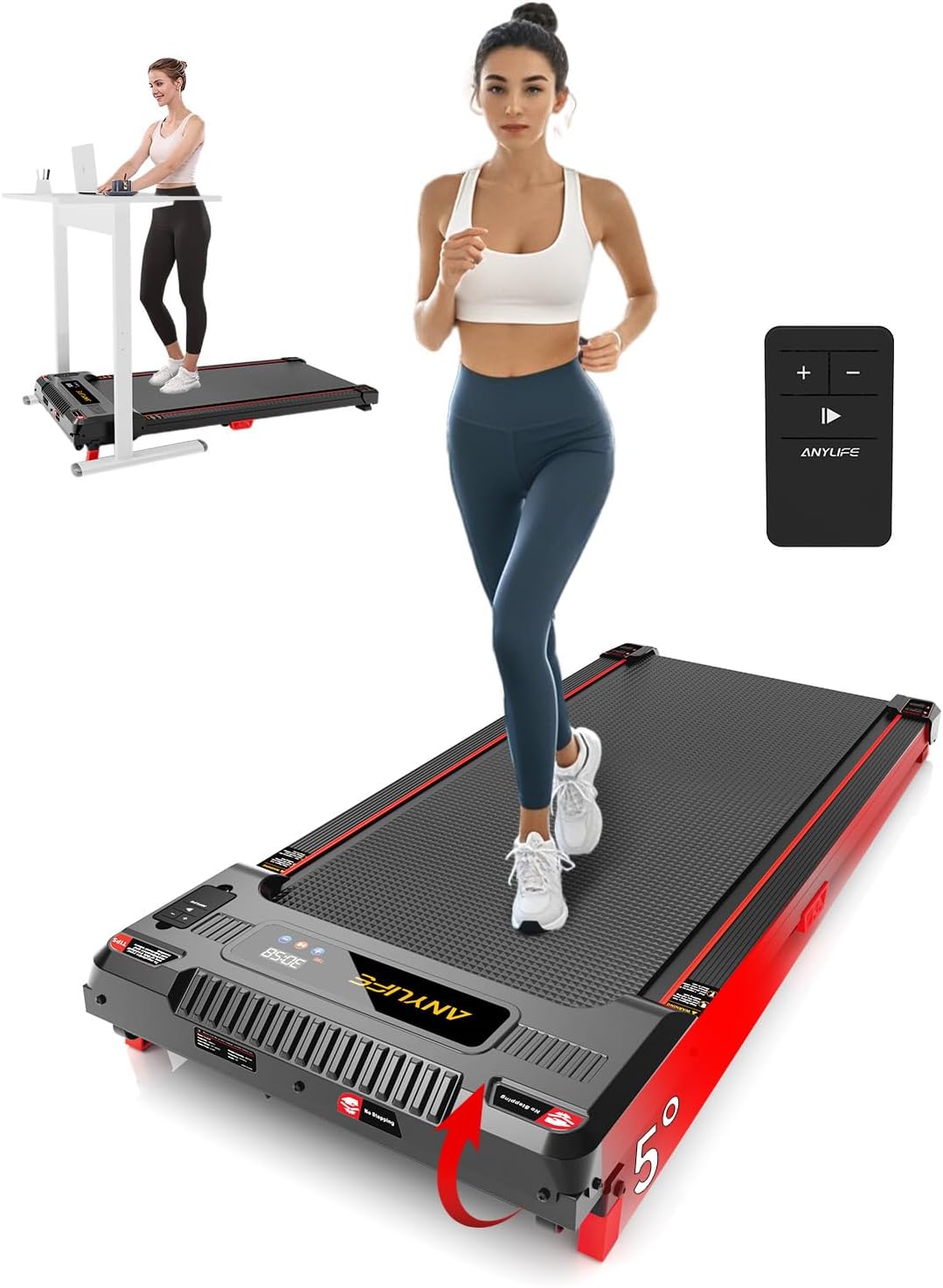 Walking Pad Treadmill, Anylife Incline Walking Pads Under Desk 330lb Capacity, 2.5HP Portable Treadmills for Home, Compact Treadmill Small Running Pad with LED Display, Remote Control, Black