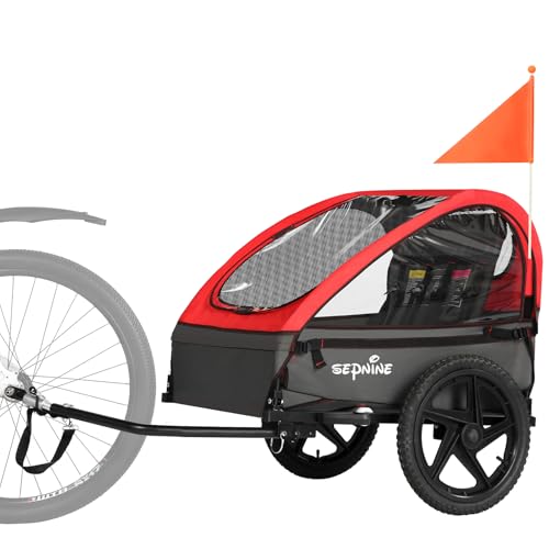 Sepnine Kids Bike Trailer, Suitable for 1 to 2 Kids, 12+ Months, Quick Attach to Bike, Foldable, with 5-Point Harness and Storage Bags