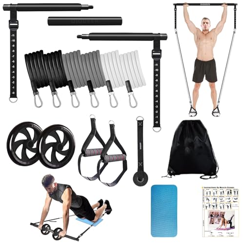 Pilates Bar Kit with Resistance Bands for Working Out, Pilates Equipment with Ab Roller for All Fitness Levels, Portable Home Gym Full Body Workout Equipment for Women&Men