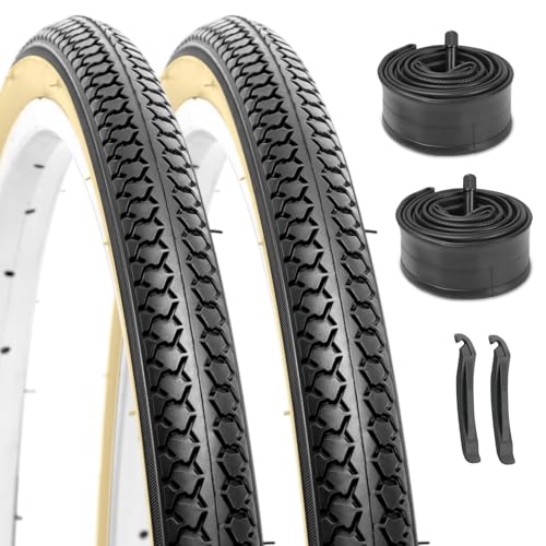 Hycline 26X1 3/8 Bike Tire Set: 2-Pack (37-590) Folding High-Density Bicycle Tires with Schrader Tubes & Tire Levers  Fits Vintage 261 3/8 City/Commuter Bikes