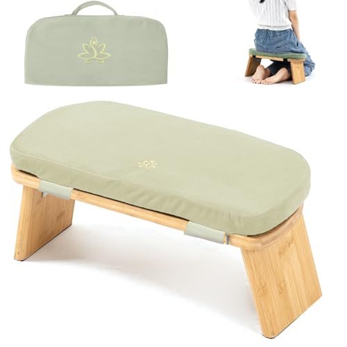 Meditation Bench, Bamboo Meditation Stool, Folding Kneeling Meditation Bench, Seiza Prayer Bench, Prayer Bench with Meditation Cushion, Kneeling Stool (Beige & Bag)