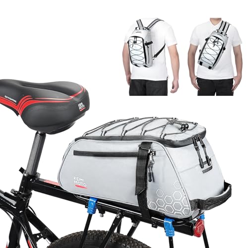 KEMIMOTO 11L Bike Bag for Bicycle Rear Rack, Fully Reflective 3-in-1 Carrying Style Bike Trunk Bag, Water-Resistant E-bike Saddle Pannier Bag with Shoulder Strap for Bike Backpack