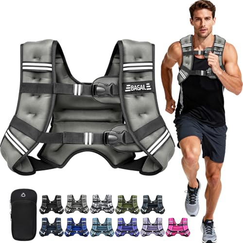 BAGAIL Weighted Vest, 5lbs/8lbs/10lbs/12lbs/15lbs/20lbs/25lbs/30lbs Weight Vest with Detachable Phone Pouch, Rucking Vest for Women, Men, Walking, Weight Loss, Training, Running
