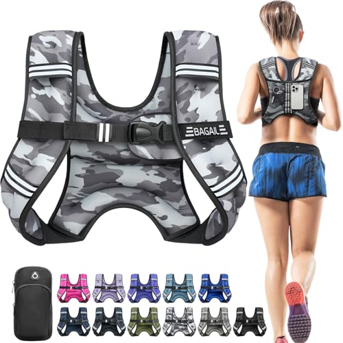 BAGAIL Weighted Vest, 5lbs/8lbs/10lbs/12lbs/15lbs/20lbs/25lbs/30lbs Weight Vest with Detachable Phone Pouch, Rucking Vest for Women, Men, Walking, Weight Loss, Training, Running