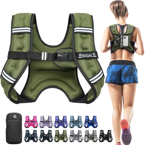 BAGAIL Weighted Vest, 5lbs/8lbs/10lbs/12lbs/15lbs/20lbs/25lbs/30lbs Weight Vest with Detachable Phone Pouch, Rucking Vest for Women, Men, Walking, Weight Loss, Training, Running
