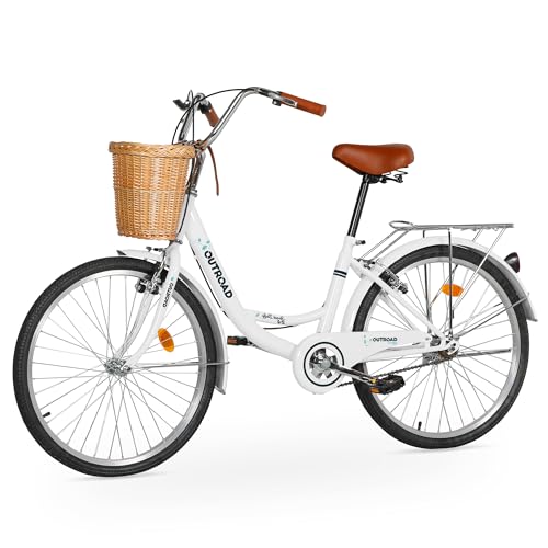 Outroad Beach Cruiser Bike, 24/26 inch Commuter Bicycle for Adult Men and Women,High-Carbon Steel Comfortable City Bikes with Rear Rack or Basket