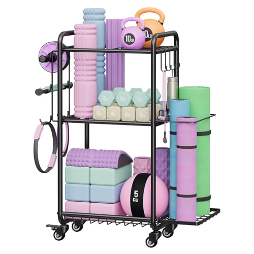 Weight Rack for Home Gym, All in One Yoga Mat Storage Rack, Workout Equipment Storage with Wheels and Hooks for Dumbbells Kettlebells Foam Rollers, Powder Coated