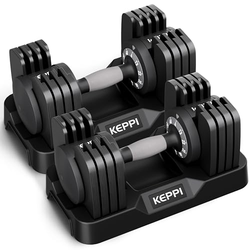 Keppi Adjustable Dumbbells Set-25lb/40lb/55lb/60lb, Anti-Slip Metal Fast Adjust Weight Handle, Exercise & Fitness for Full Body Workout - Adjustable Dumbbell Series