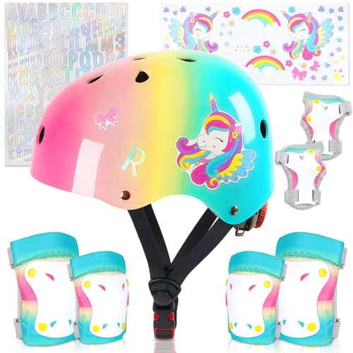 Kids Helmet, Toddler Bike Helmet with DIY Stickers Unicorn Knee Pads and Elbow Pads Set Adjustable Protective Gear Set for Girls Age 3-5-8 Years fit Roller Skates, Bicycle, Skateboarding, Scooter