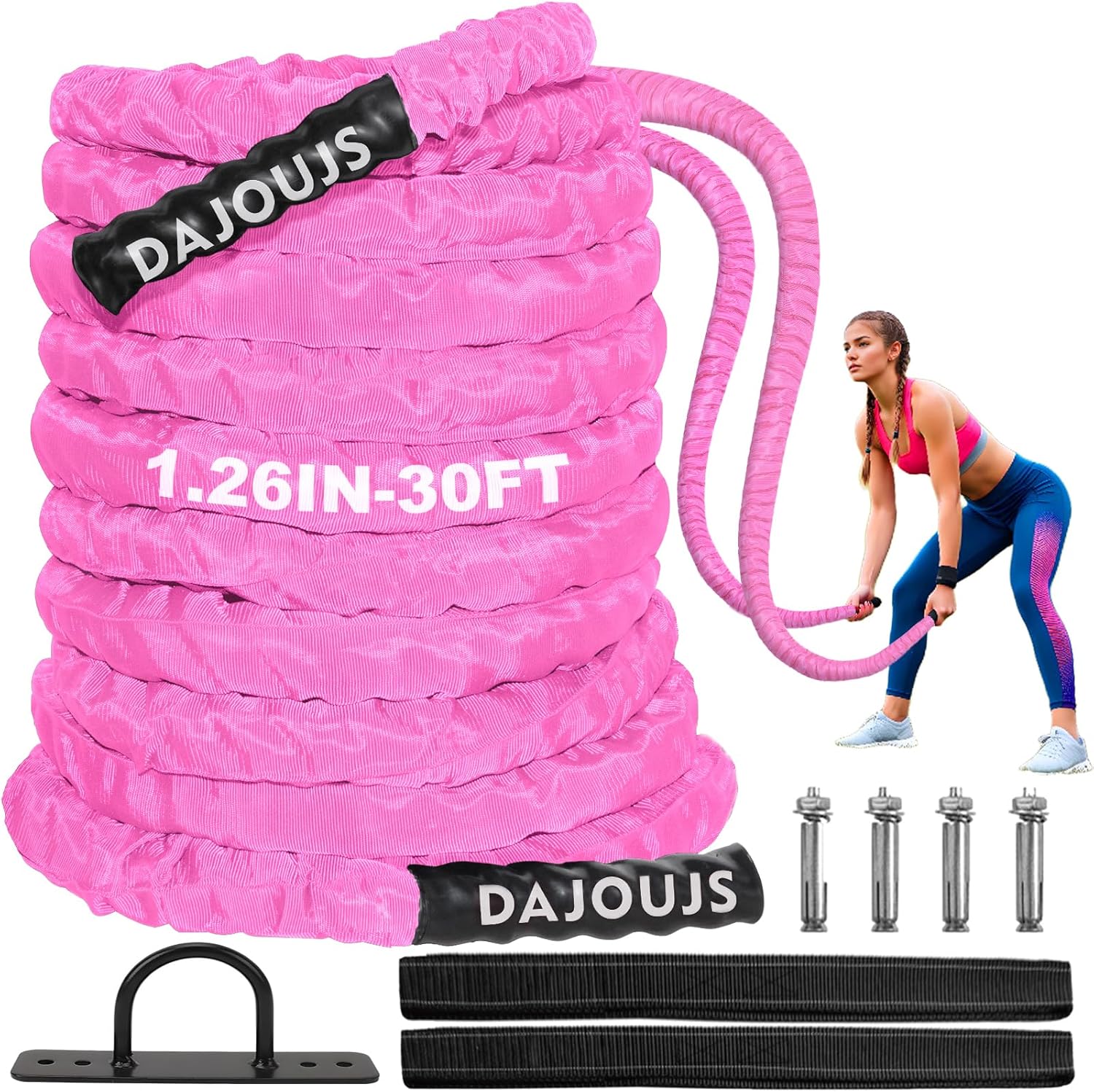 Battle Ropes for Home Gym,1.26inch 30ft Long Pink Battle Ropes with Protective Cover - Workout Equipment Heavy Exercise Rope for Strength Training for Kids or Adults