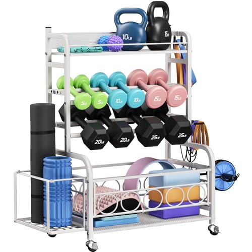 400LBS Dumbbell Rack, VOPEAK Adjustable Weight Rack for Home Gym, Home Gym Storage Rack for Yoga Mat Kettlebells and Strength Training Equipment, Weight Storage Rack for Dumbbells with Wheels