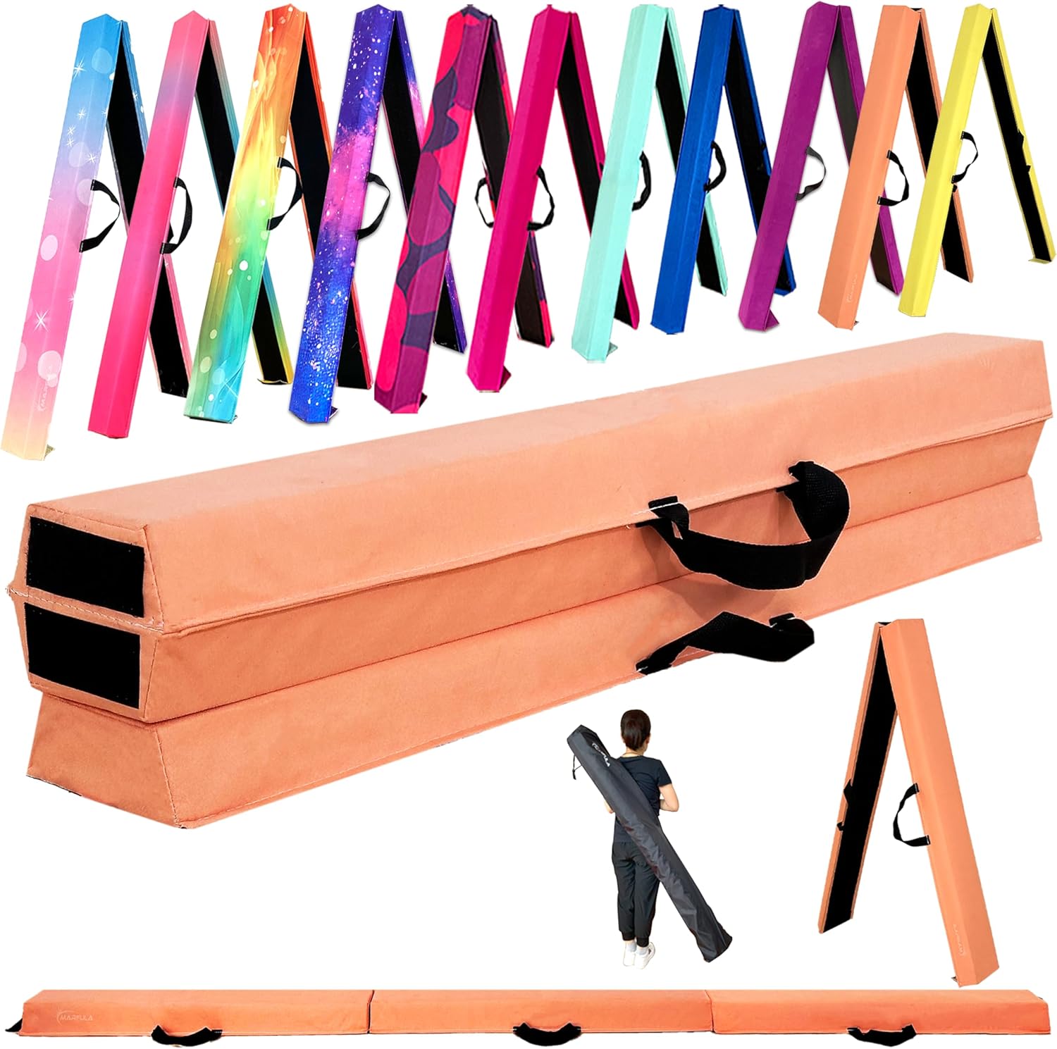 MARFULA 6 FT / 8 FT / 9 FT Folding Gymnastics Beam Foam Balance Floor Beam - Extra Firm - Suede Cover - Anti Slip Bottom with Carry Bag for Kids/Adults Home Use