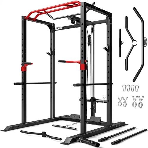 Power Cage, 2000LBS Multi-Function S11 Power Rack with LAT Pulldown, Squat Rack with Adjustable Pulley System and More Training Attachments, Weight Workout Machine for Home Gym