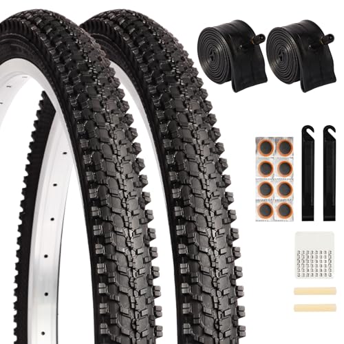 2 Pack 24" x 1.95" Mountain Bike Tire Set, 24 inch Folding Replacement Puncture-Resistant Bicycle Tires with 24 x 1.75-2.125 inch Bike Tubes and Repair Tool Kit for Mountain Bike, Off-Road Bike