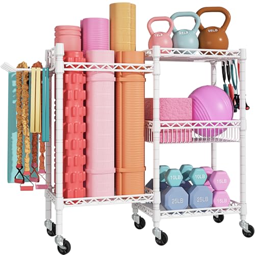 Home Gym Storage, 3 Tiers Workout Equipment Organizer with Wheels for Yoga Mats, Foam Roller, Dumbbells, Kettlebells, and Resistance Bands