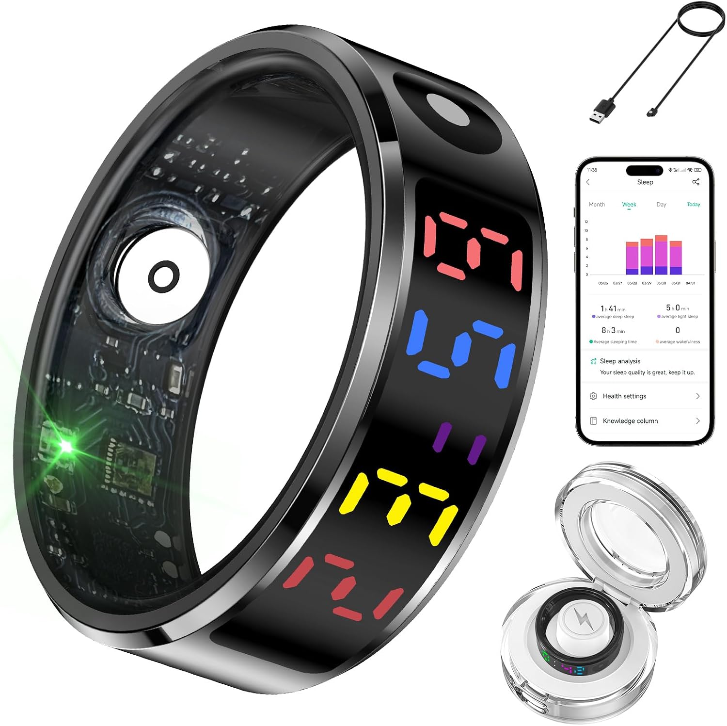 Smart Ring for Women Men with Color Screen,Fitness Tracker with Time Display/Heart Rate/Blood Oxygen Monitor/Sleep Tracker, IP68 Waterproof Health Rings for iPhone or Android (#11)