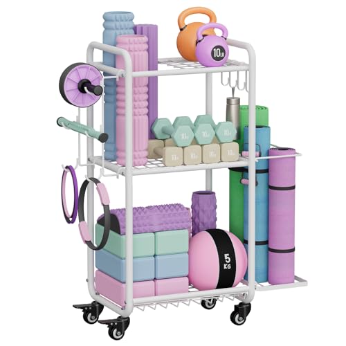 Weight Rack for Home Gym, All in One Yoga Mat Storage Rack, Workout Equipment Storage with Wheels and Hooks for Dumbbells Kettlebells Foam Rollers, Powder Coated