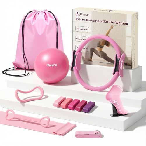 Home Pilates Kit for Women Pilates Equipment Ring and Ball Set Magic Circle Hoop with 5 Resistance Bands Compact Toning Fitness Essentials Starter Set Accessories