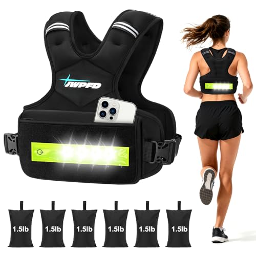 Adjustable Weighted Vest for Women Men, 6-15 Lbs/12-18 Lbs Rucking Vest with LED Light Strips, Weight Vest with 6 Ironsand Weights, and Zipper Pocket for Strength Training, Walking, Running