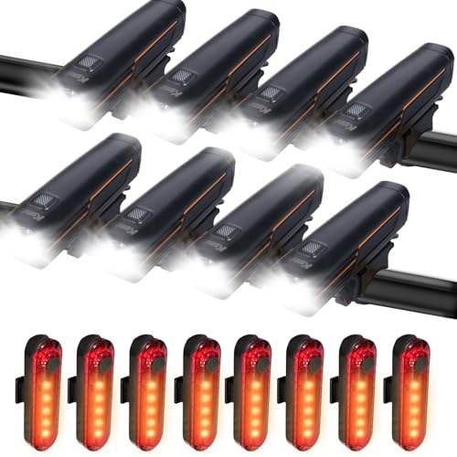 KunHe 227 Lumens 1600mAh Bike Light Set (1or2or4 or 8 Packs) Rechargeable Front & Rear Bicycle Lights with IPX4 Waterproof 4 Modes for Night Cycling