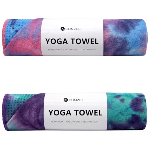 Eunzel 2 Pack Hot Yoga Towel with Grip Dot, Non Slip Yoga Mat Towe Sweat Absorbent Towel for Hot Yoga,Bikram, Pilates and Fitness 72" x 24", Purple & Pink/Green & Purple
