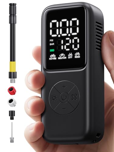 Mini Electric Bike Pump,120 PSI Bike Pump Portable with Guage Auto Stop, Bicycle Pump with Presta and Schrader, Bike Tire Pump Valve for Road Bicycle, Mountain Bike, E-Bike,Sports Ball