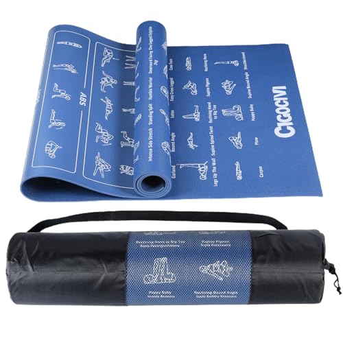 Instructional Travel Yoga Mat with 75 Poses & Exercises - Non-slip Exercise Mat for Home Workout, Includes Carrying Bag - Perfect for Beginners, 68"x24"x0.25"