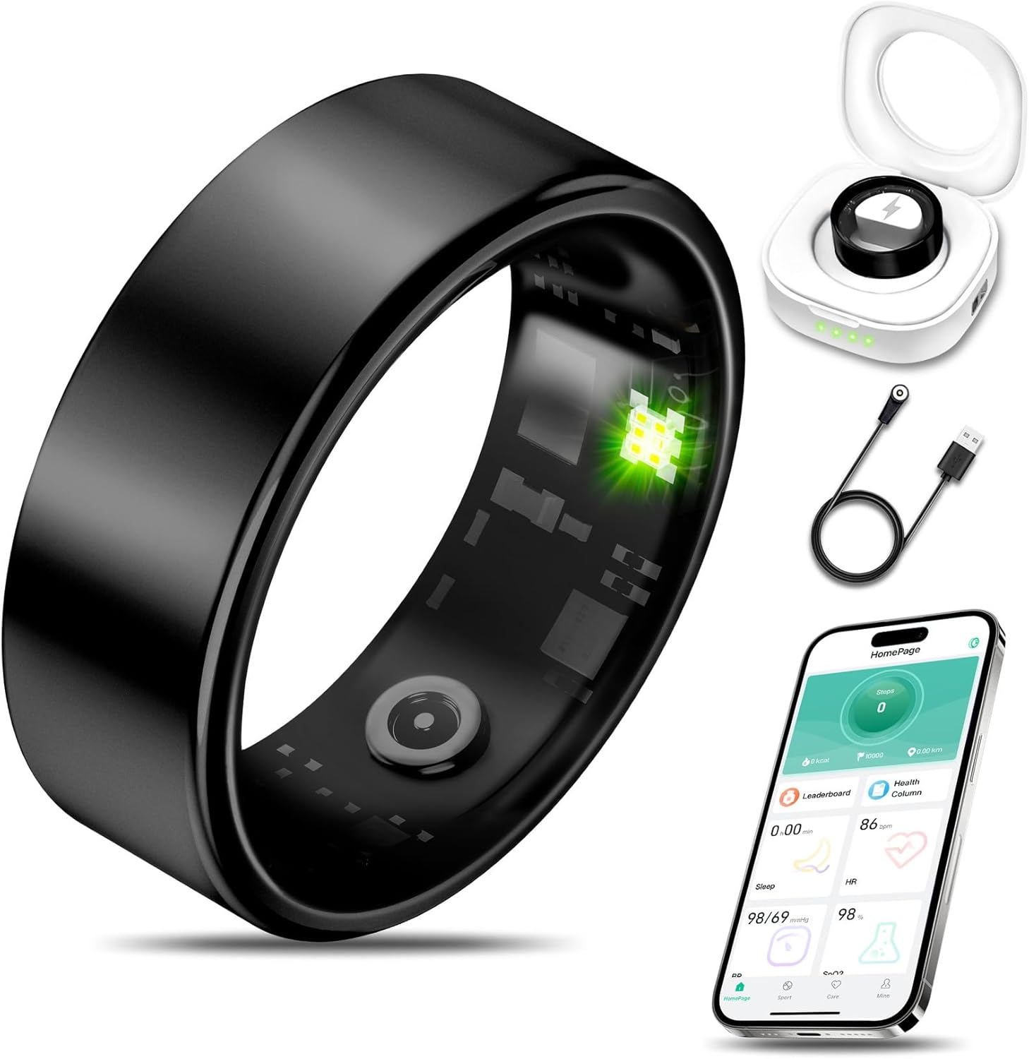 Smart Health Ring for Women Men Fitness Tracker with Heart Rate, Blood Oxygen, Blood Pressure, Sleep Monitoring, Step Counting, IP68 Waterproof for iOS and Android, No Subscription Fee, Black 8#