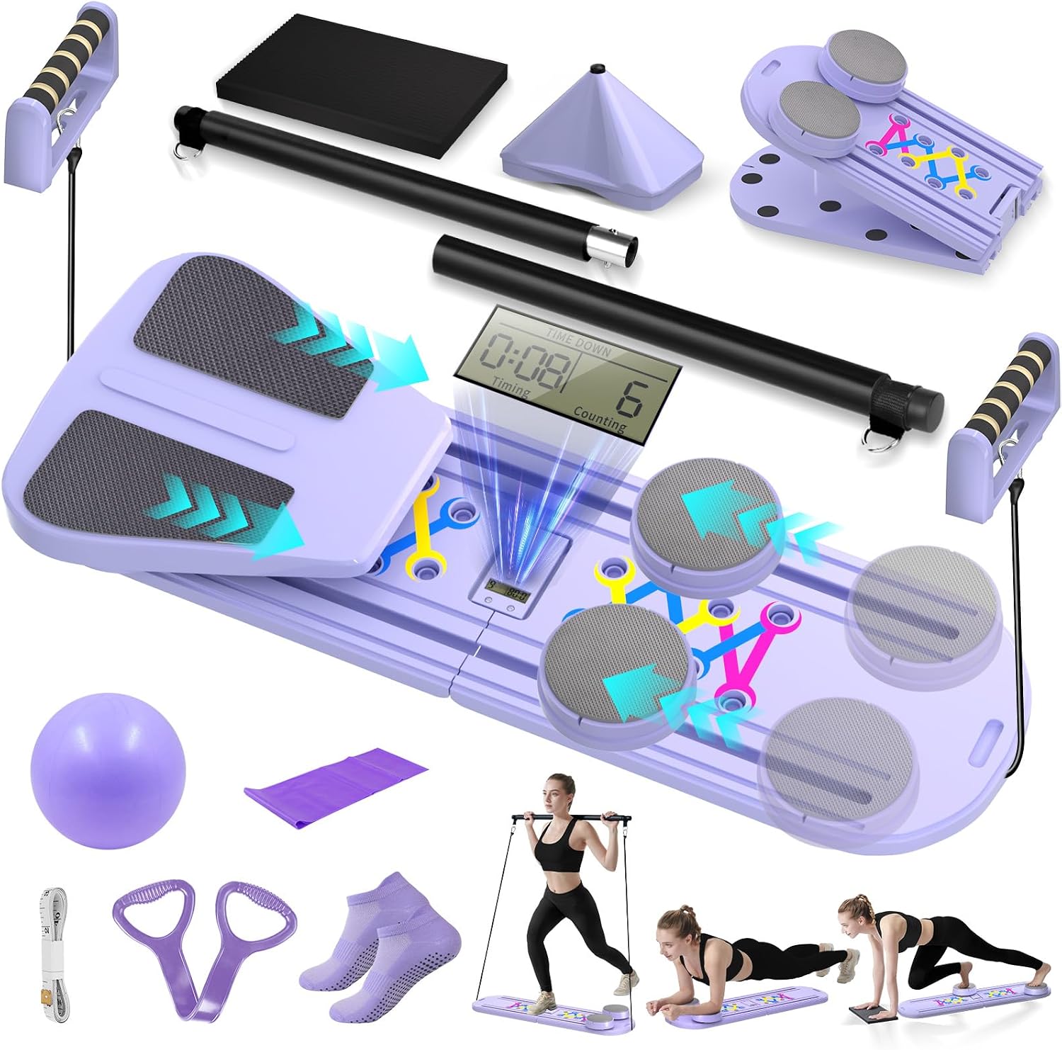Pilates Board, Foldable Pilates Reformer Set for Home Workout with Timer, Multifunctional Portable Reformer Pilates Machine at Home Pilates Equipment