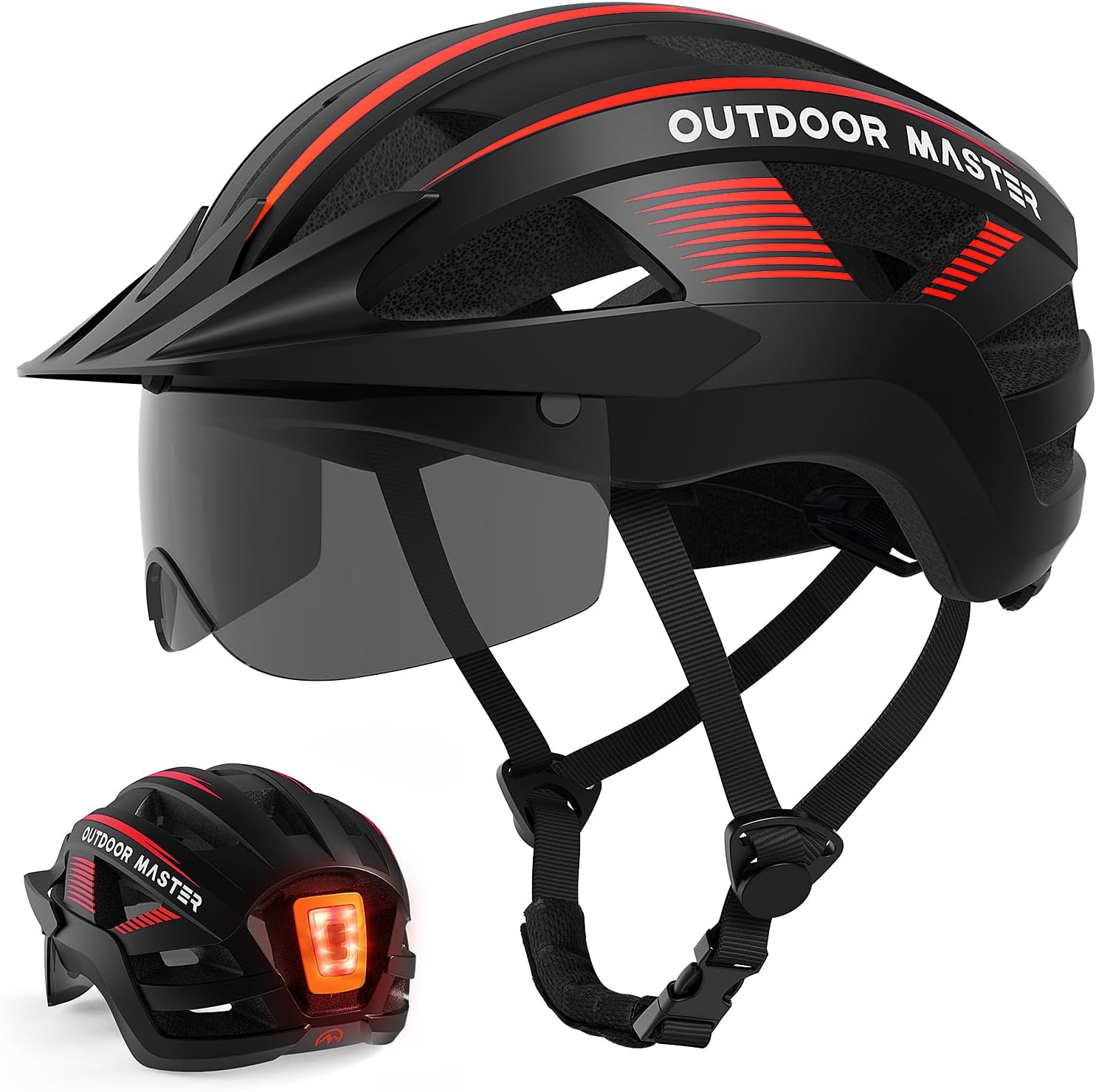 OutdoorMaster Adult Bike Helmet - Bicycle Helmet with Rechargeable Rear LED Light, Detachable Magnetic Goggles, Removable Sun Visor - Suitable for Commuting and Cycling for Men and Women