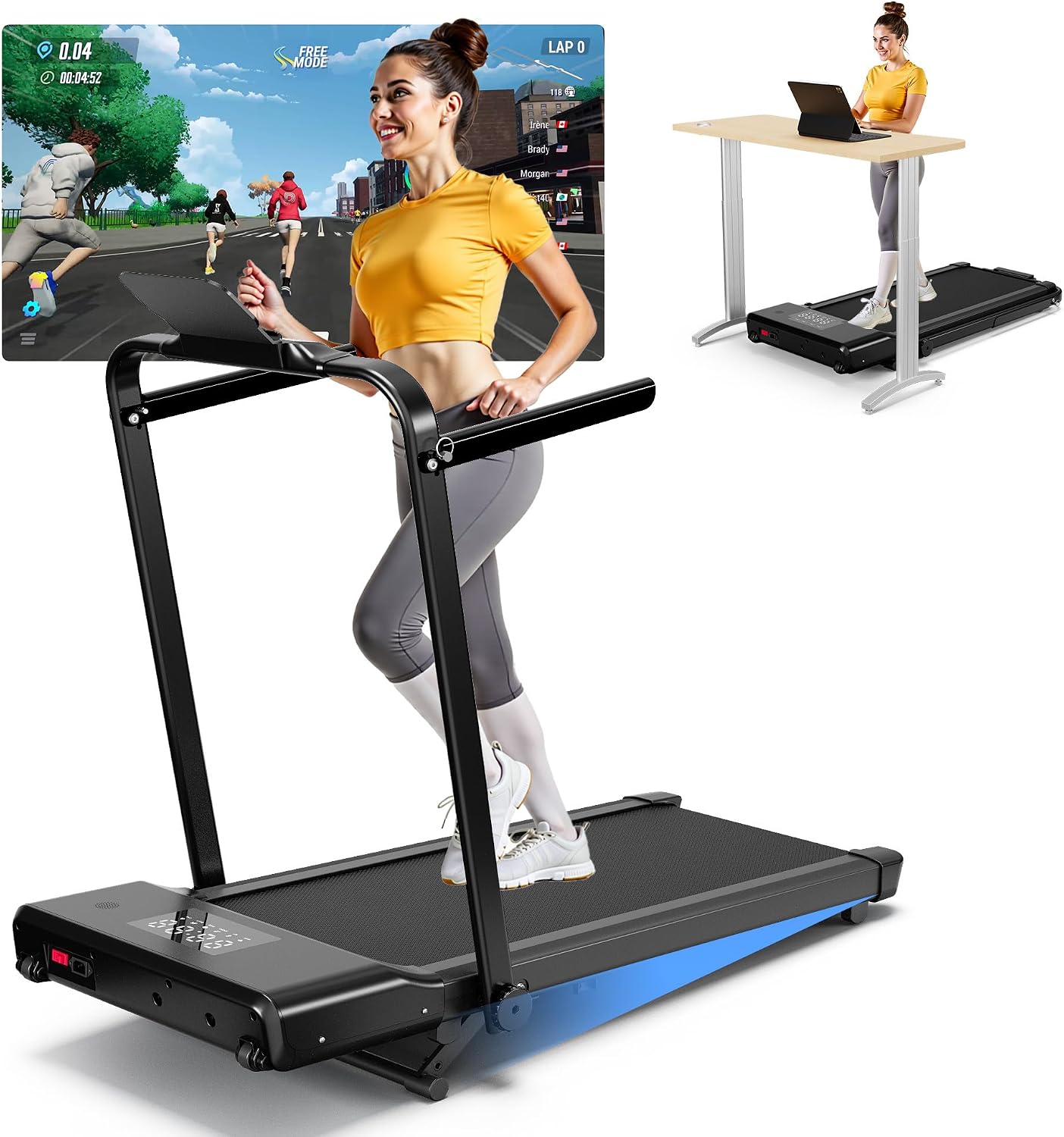 Walking Pad Treadmill with Handle Bar 3-in-1 Foldable Treadmills for Small Space 300 LBS Capacity, 3.0HP Portable Under Desk Treadmill for Home Office with LED Display Remote APP Control