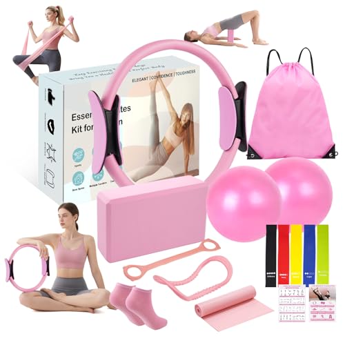 Pilates Kit for Women, Home Pilates Equipment Set with Pilates Ring and 2 Ball, 5 Resistance Bands, Yoga Block,Full Body Core & Flexibility Training,14-in-1 Portable Durable At Home Pilates Kit