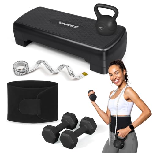 Adjustable Height Aerobic Stepper Set, Multiple Bundle Options with Dumbbells, Kettlebell, Waist Trimmer, Ankle Weights or Weighted Vest, Workout Exercise Step Platform w/Level Risers, 4 Colors