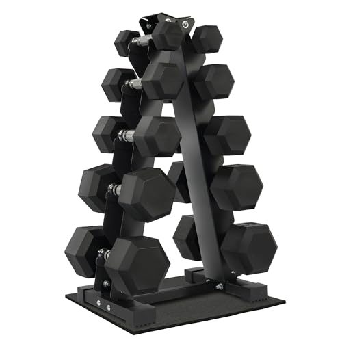 Rubber Coated Hex Dumbbell Weight Sets and Storage Rack, 100LB Set or 150LB Set, 5-20 lbs Pairs or 5-25 lbs Pairs