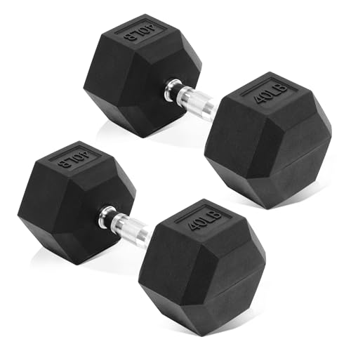 Rubber Encased Hex Dumbbell, Hand Weights with Anti-Slip Cast Iron Grip for Exercise & Fitness, Weights Dumbbells Set of 2 for Strength Training, 5-50 LBS Pair